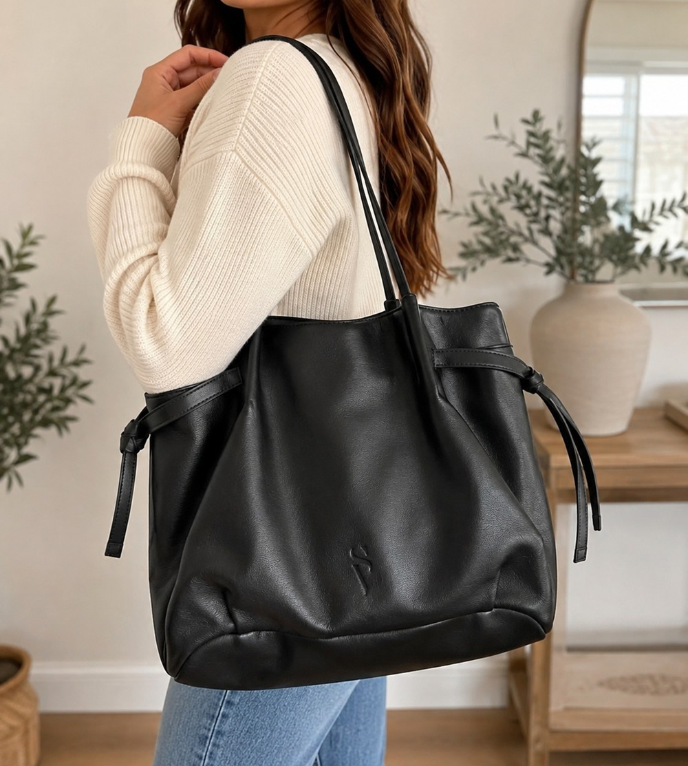 Simply Vera Vera Wang Black Faux Leather Tote Shoulder Handbag Large Magnetic Sn